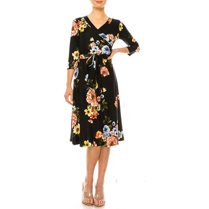 Floral Print, Faux Wrap Dress With Deep V-Neck