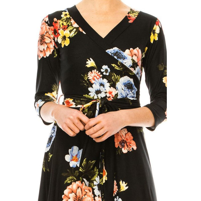 Floral Print, Faux Wrap Dress With Deep V-Neck