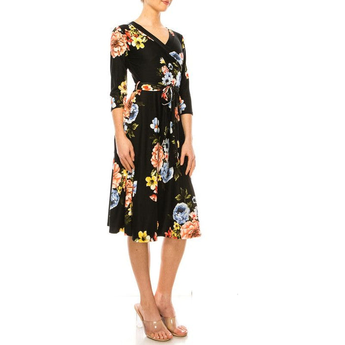 Floral Print, Faux Wrap Dress With Deep V-Neck