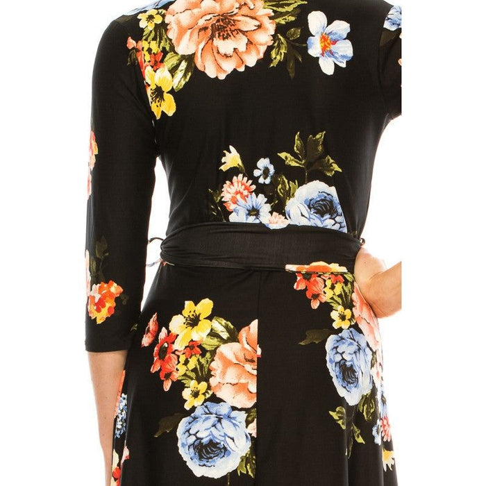 Floral Print, Faux Wrap Dress With Deep V-Neck