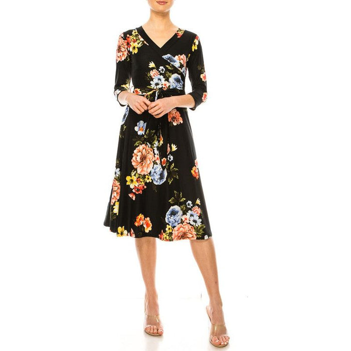 Floral Print, Faux Wrap Dress With Deep V-Neck