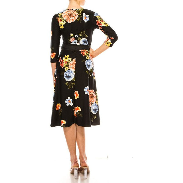 Floral Print, Faux Wrap Dress With Deep V-Neck