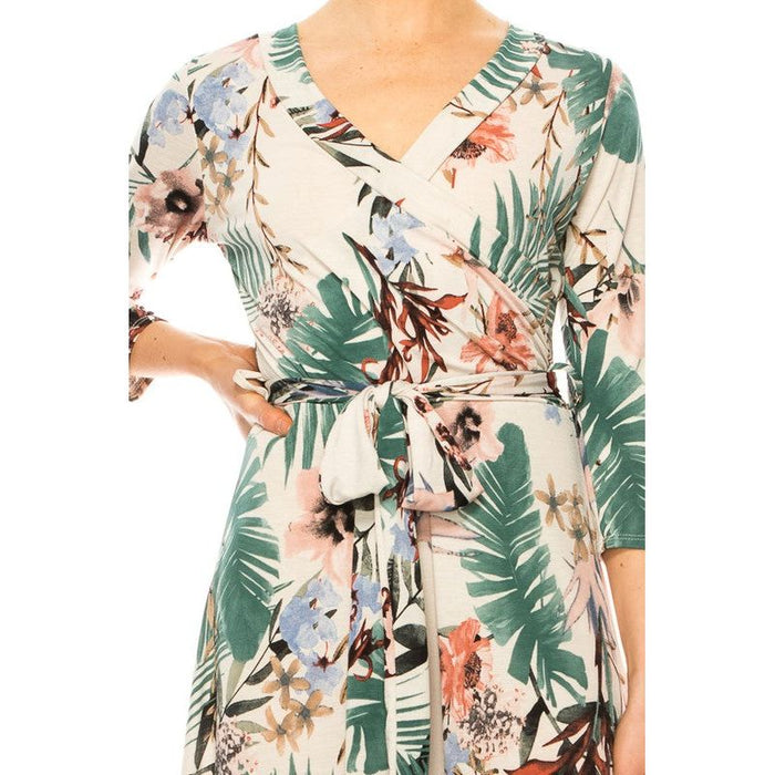 Floral Print, Faux Wrap Dress With Deep V-Neck