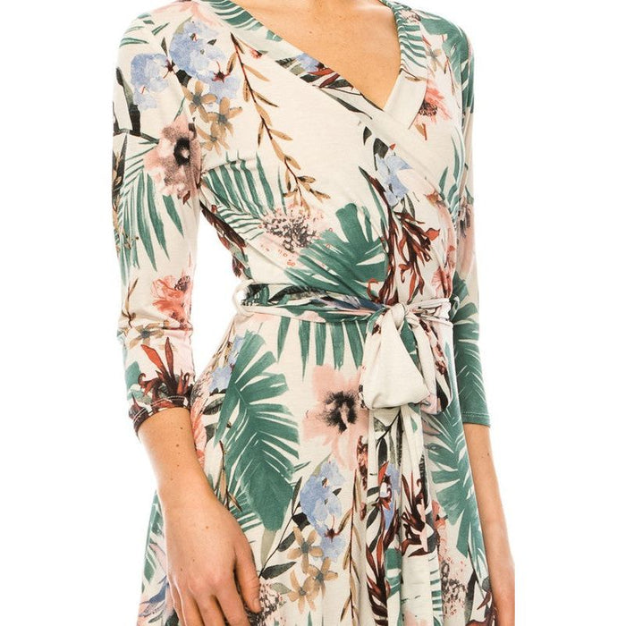 Floral Print, Faux Wrap Dress With Deep V-Neck