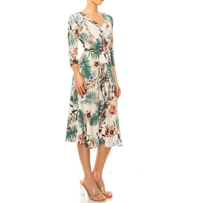 Floral Print, Faux Wrap Dress With Deep V-Neck