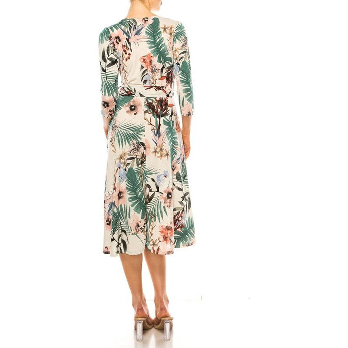 Floral Print, Faux Wrap Dress With Deep V-Neck