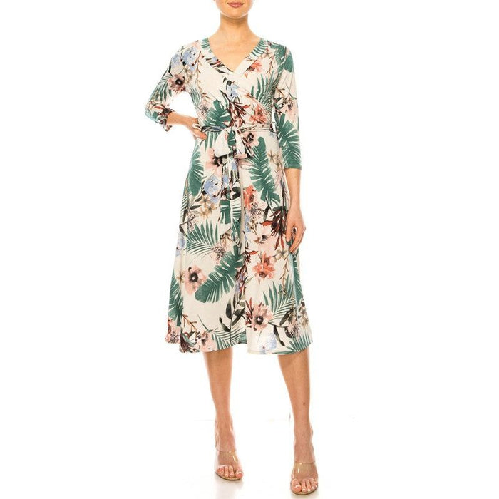 Floral Print, Faux Wrap Dress With Deep V-Neck