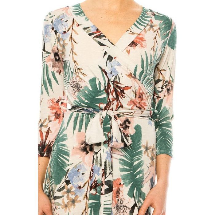 Floral Print, Faux Wrap Dress With Deep V-Neck