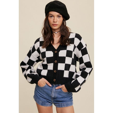 Bold Gingham Sweater Weaved Crop Cardigan