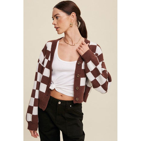 Bold Gingham Sweater Weaved Crop Cardigan