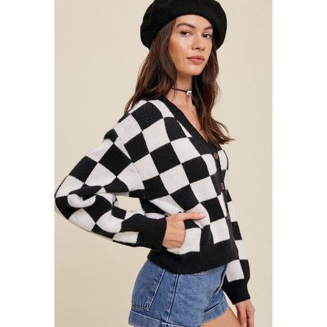 Bold Gingham Sweater Weaved Crop Cardigan