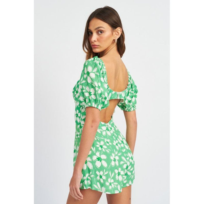 Bubble Sleeve Floral Romper With Cut Out