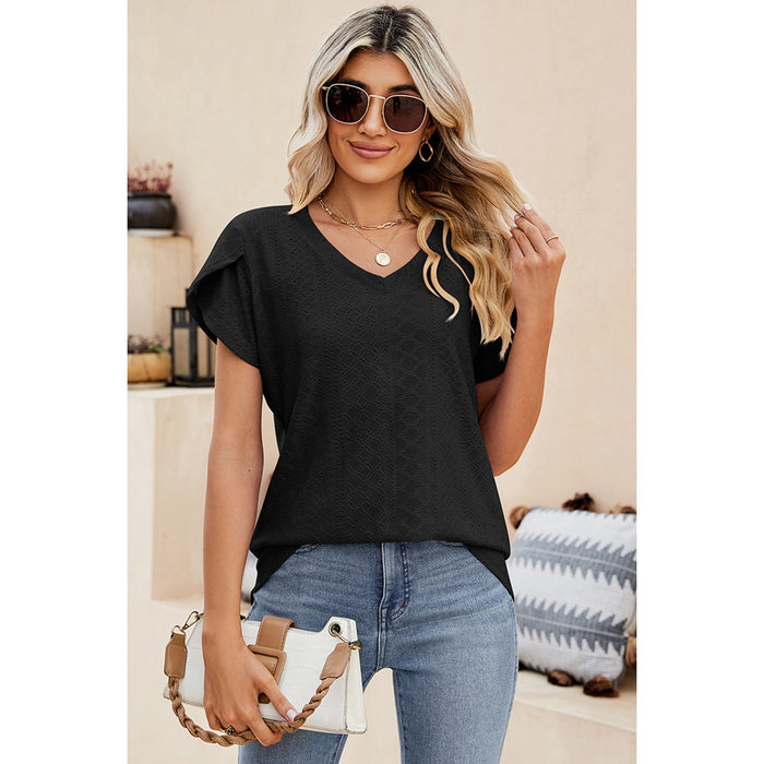 Eyelet V-Neck Petal Sleeve T-Shirt