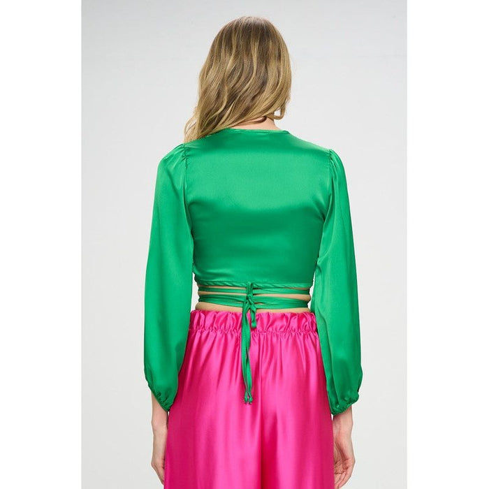 Silky Satin Wrap Crop Top with Tie