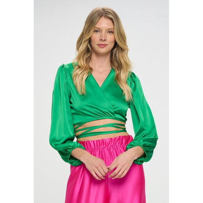 Silky Satin Wrap Crop Top with Tie