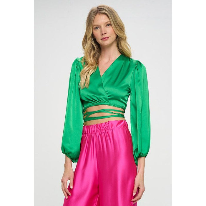 Silky Satin Wrap Crop Top with Tie