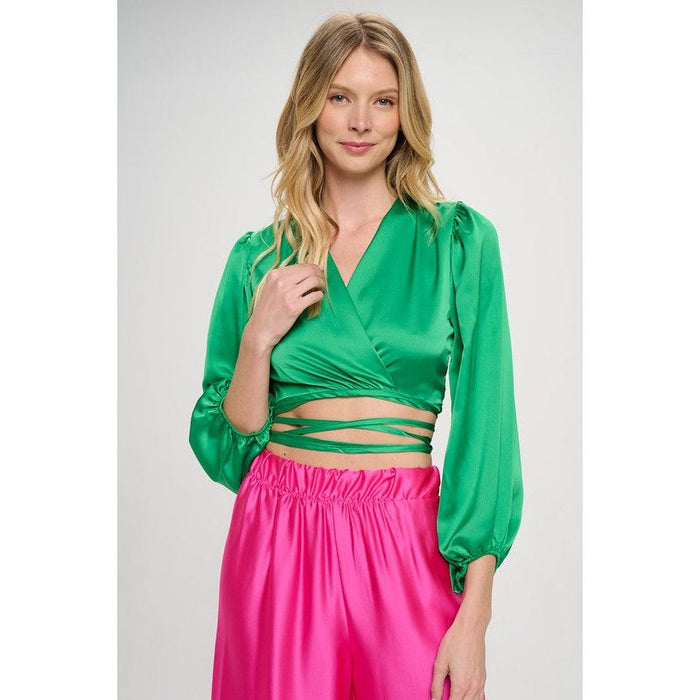 Silky Satin Wrap Crop Top with Tie