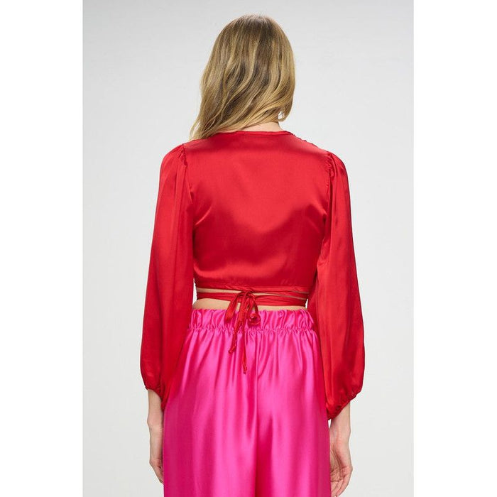 Silky Satin Wrap Crop Top with Tie