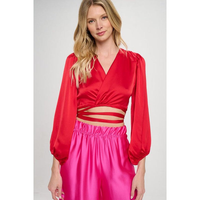 Silky Satin Wrap Crop Top with Tie