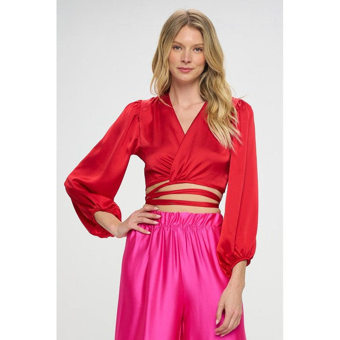 Silky Satin Wrap Crop Top with Tie