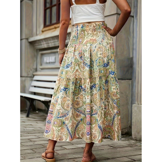 Tiered Smocked Printed High Waist Skirt