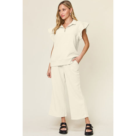 Texture Ruffle Short Sleeve Top and Drawstring Wide Leg Pants Set