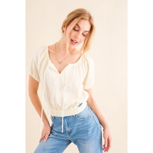 And The Why Cotton Gauze Back Waist Tie Cropped Blouse