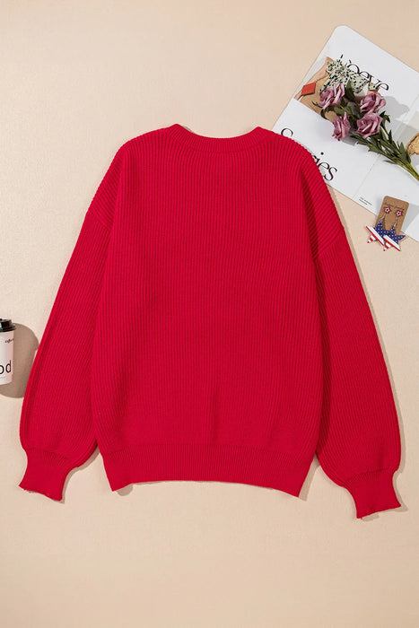 Plus Size Contrast Letter Round Neck Long Sleeve Sweater