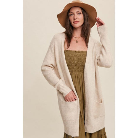 Two Pocket Open-Front Long Knit Cardigan