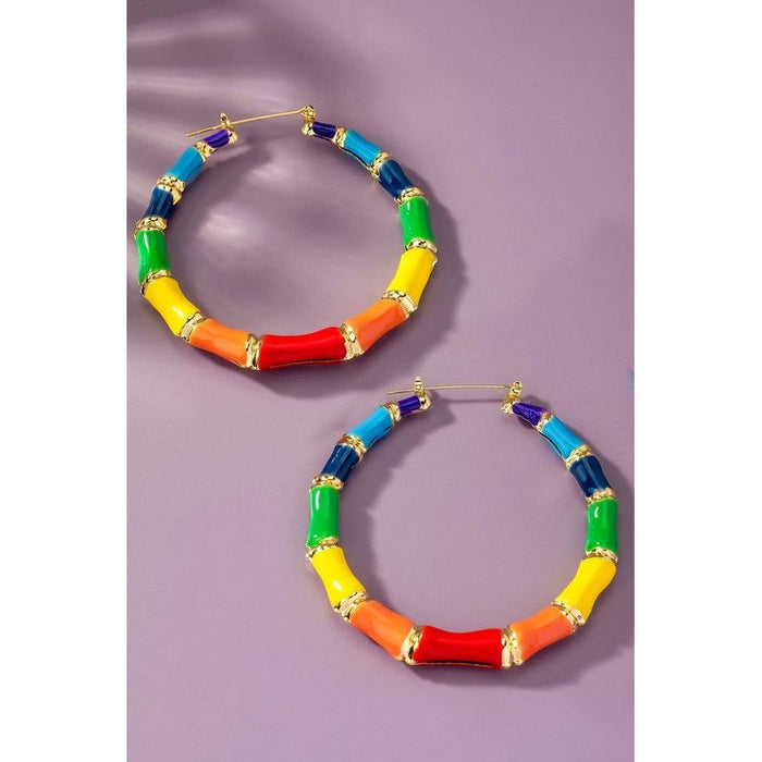 Large Multi Color Enamel Bamboo Hoop Earrings