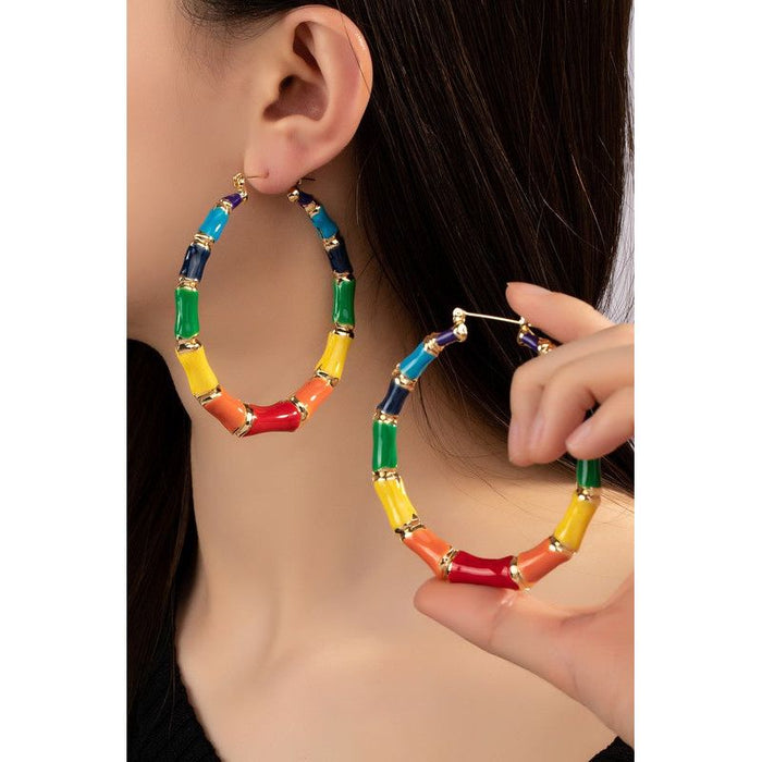 Large Multi Color Enamel Bamboo Hoop Earrings