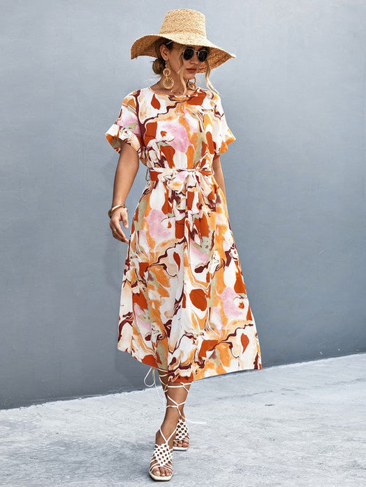 Print Round Neck Short Sleeve Dress