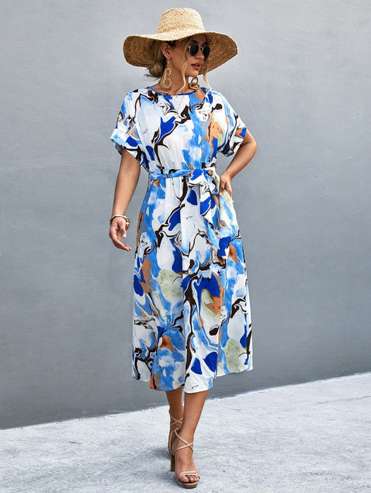 Print Round Neck Short Sleeve Dress