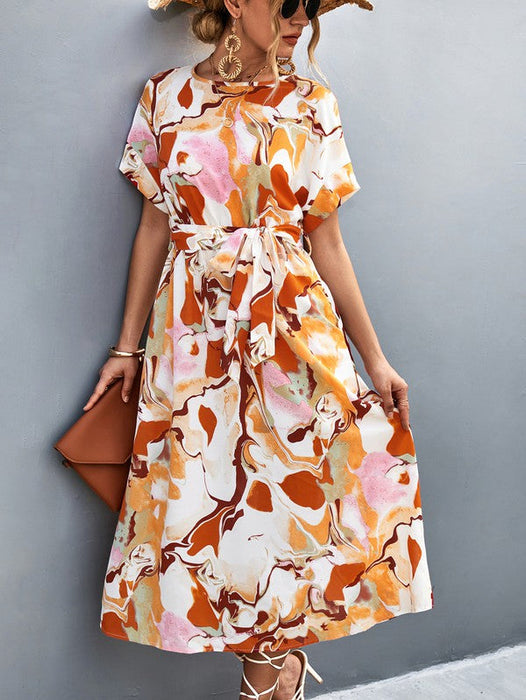 Print Round Neck Short Sleeve Dress