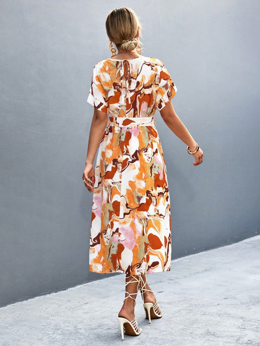 Print Round Neck Short Sleeve Dress