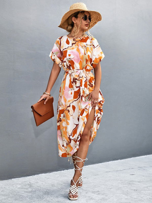 Print Round Neck Short Sleeve Dress