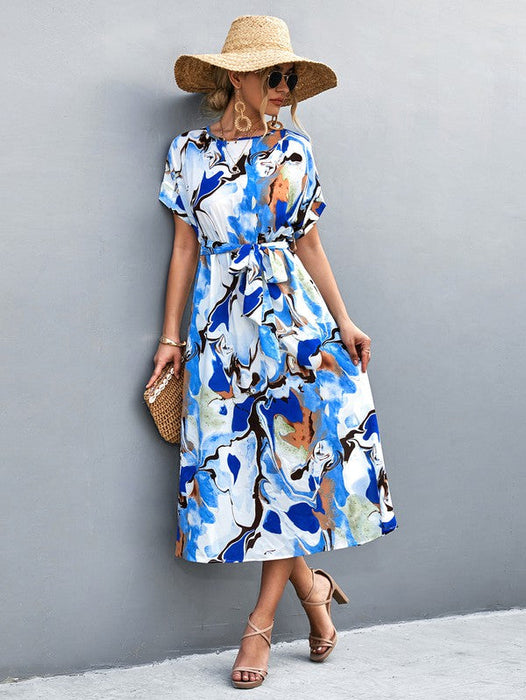 Print Round Neck Short Sleeve Dress