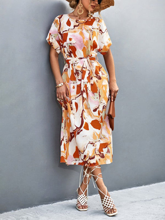 Print Round Neck Short Sleeve Dress