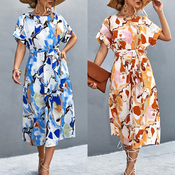 Print Round Neck Short Sleeve Dress