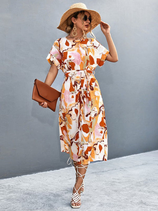 Print Round Neck Short Sleeve Dress