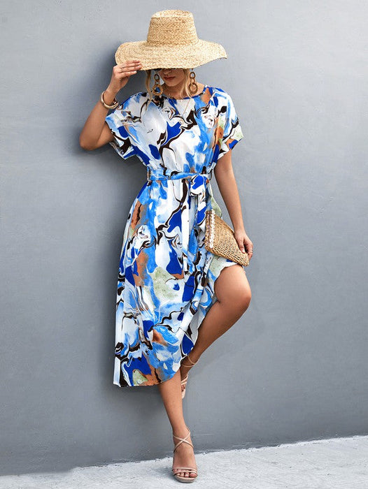 Print Round Neck Short Sleeve Dress