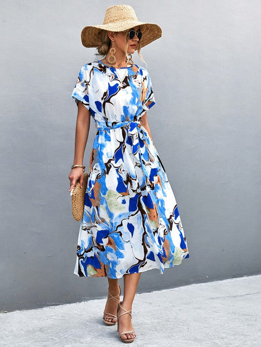 Print Round Neck Short Sleeve Dress