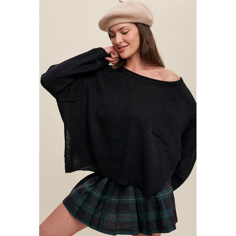 Light Weight Wide Neck Crop Pullover Knit Sweater