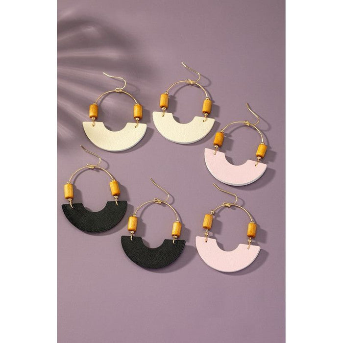 Leather And Metal Arch Earrings With Wood Beads