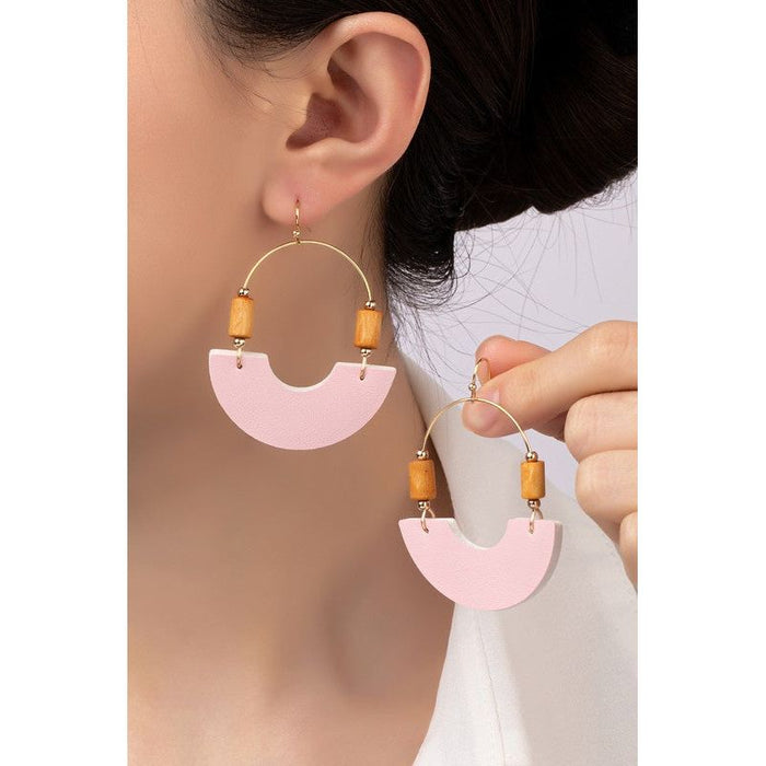 Leather And Metal Arch Earrings With Wood Beads