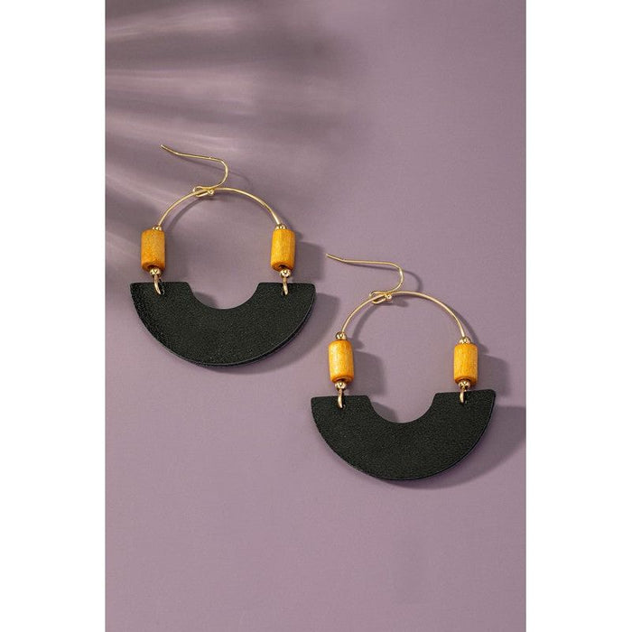 Leather And Metal Arch Earrings With Wood Beads