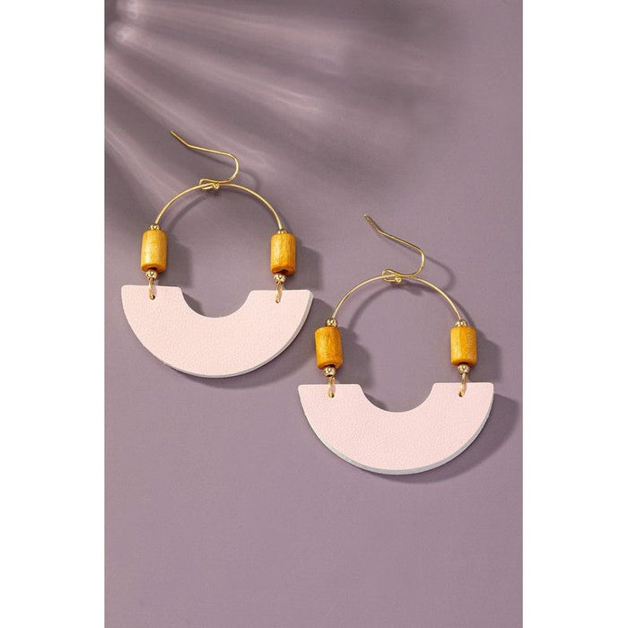 Leather And Metal Arch Earrings With Wood Beads