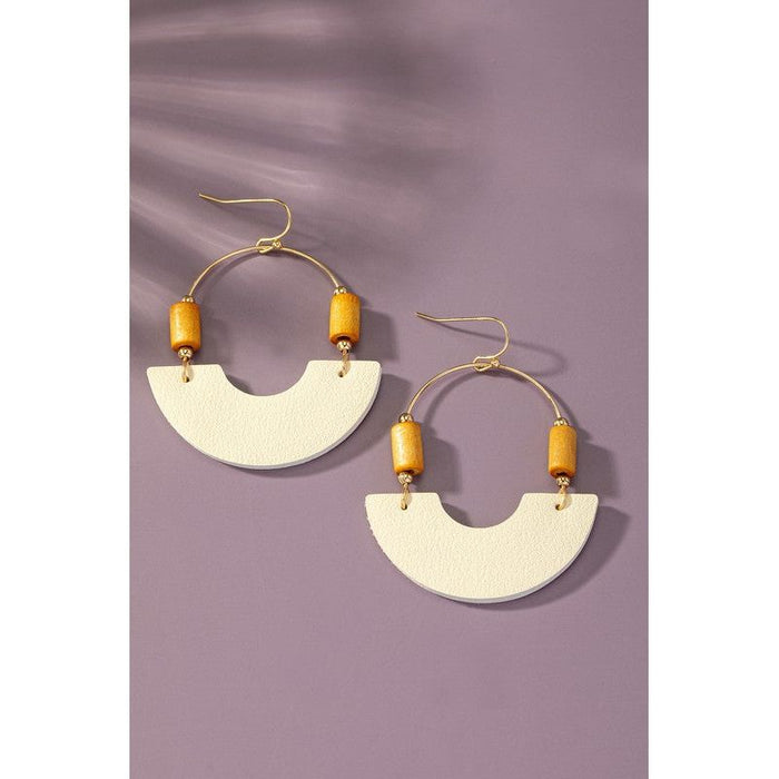 Leather And Metal Arch Earrings With Wood Beads