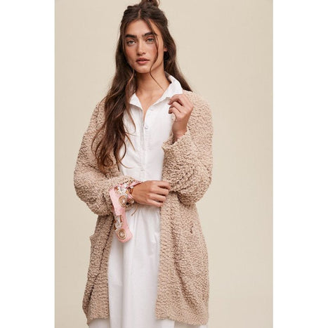 Popcorn Open Knit Cardigan Sweater