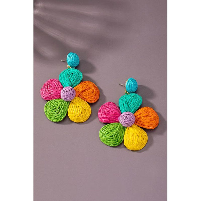 Large Raffia Straw Flower Drop Earrings